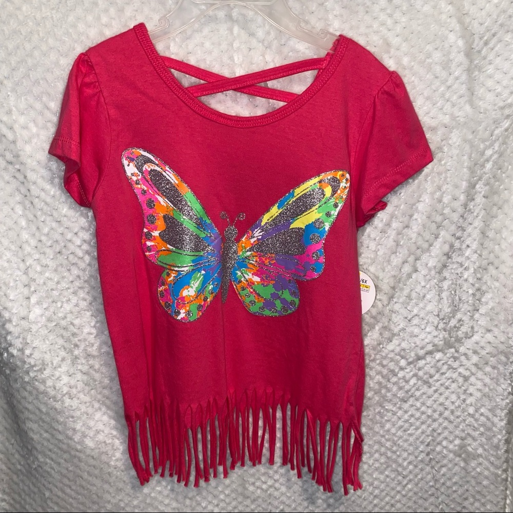 NWT - Girls Hot Pink & Rainbow Sparkly Glitter Butterfly Fringe Shirt